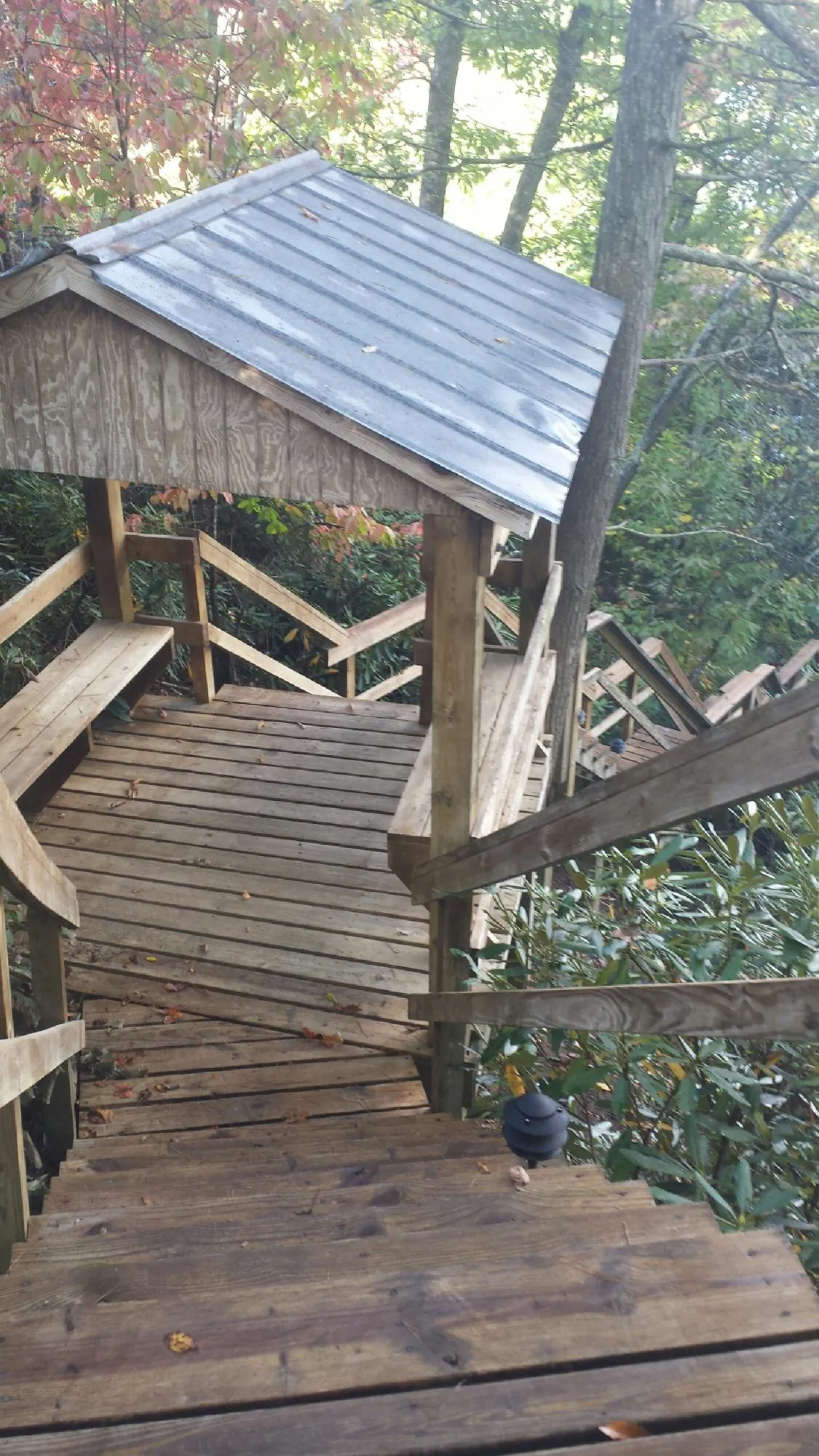 Metal roofed shelter over wooden steps on a wooded walkway — Skylight Repair & Installation work by our crew in Creve Coeur